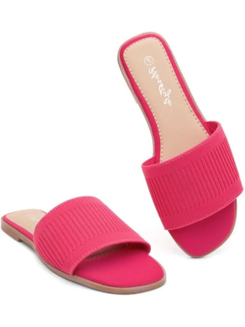 Women's Fuchsiakn Knit Slides Flats Square Open Toe Slip On Dressy Summer Shoes